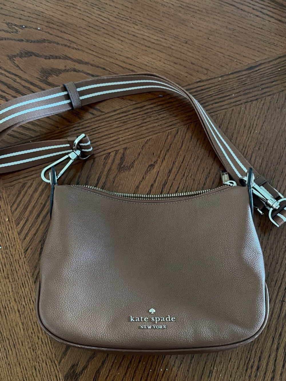 kate spade Brown Pebbled Leather Crossbody with Striped Strap